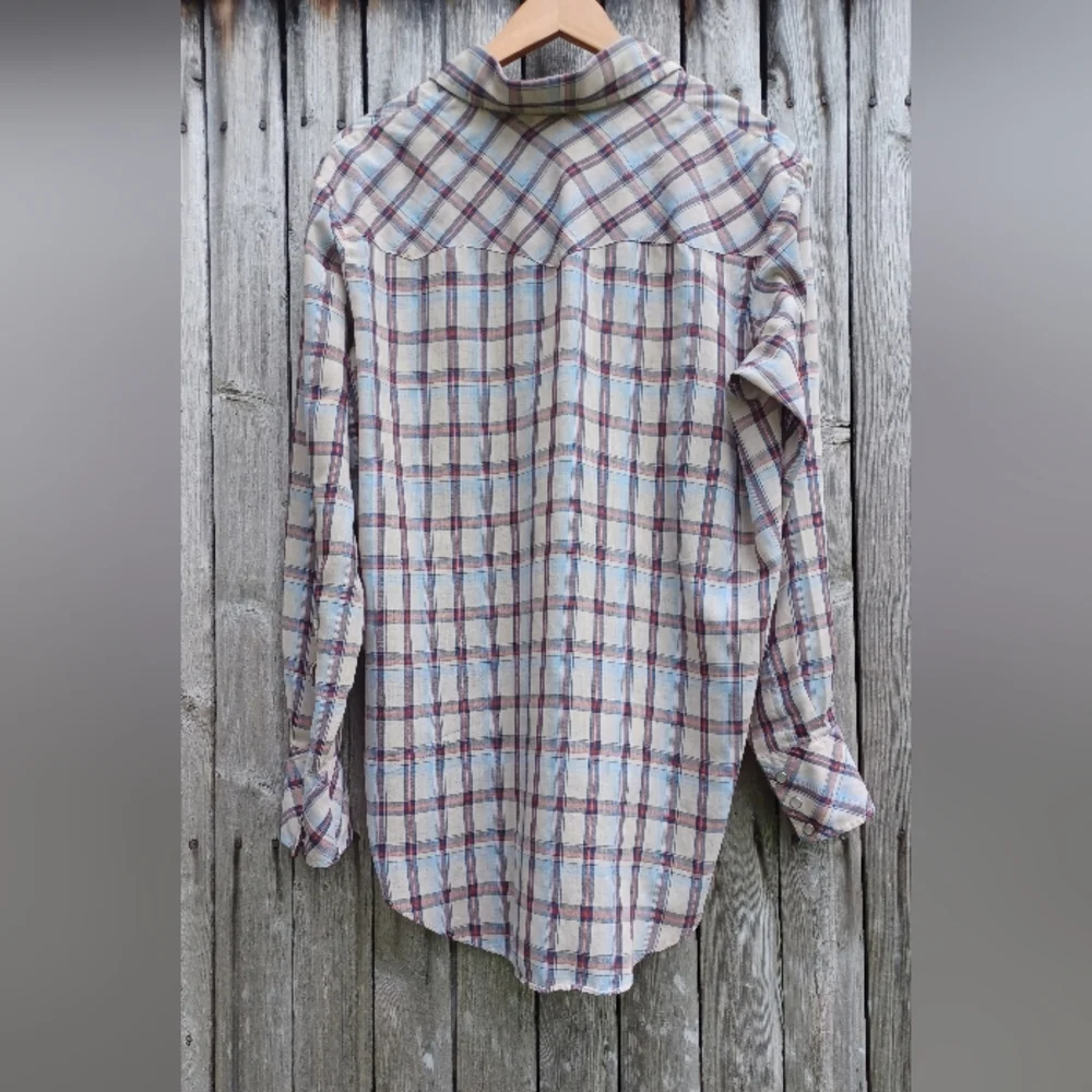 Vintage 70s New Castle Apparel beige blue pearl snap front western shirt mens L - Picture 4 of 8